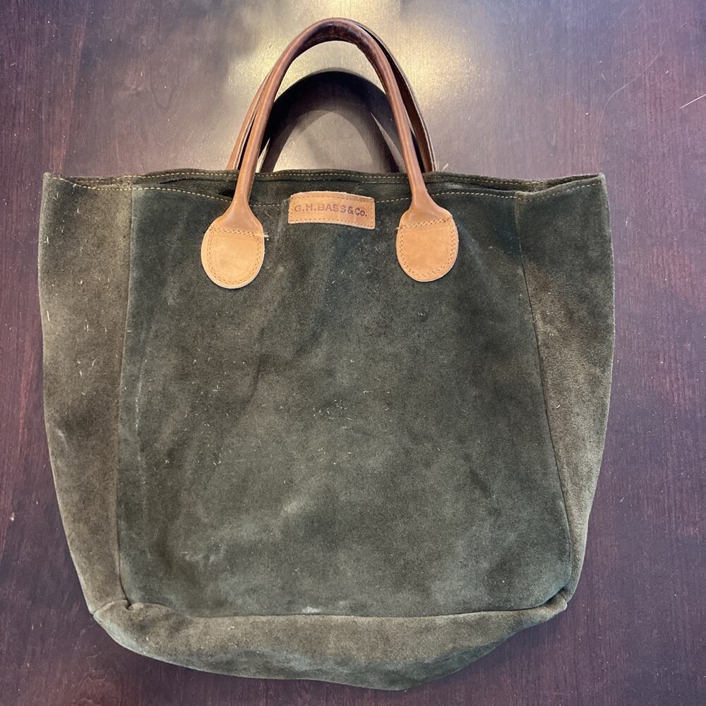 Vintage G.H. Bass & Co Olive Green Suede Tote Brown Leather Handles